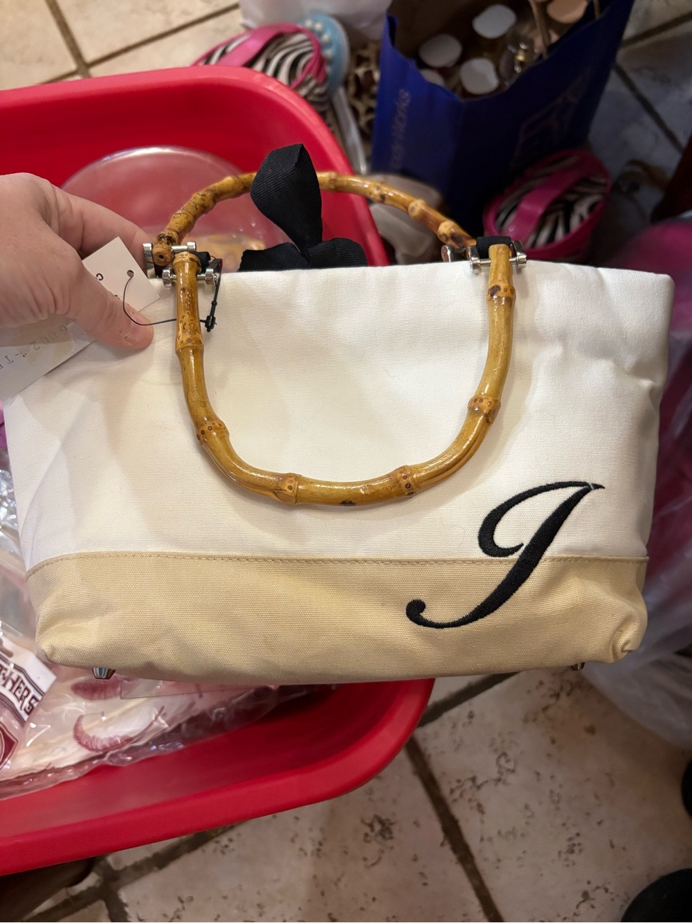Braciano White and Beige Canvas Satchel with Bamboo Handles